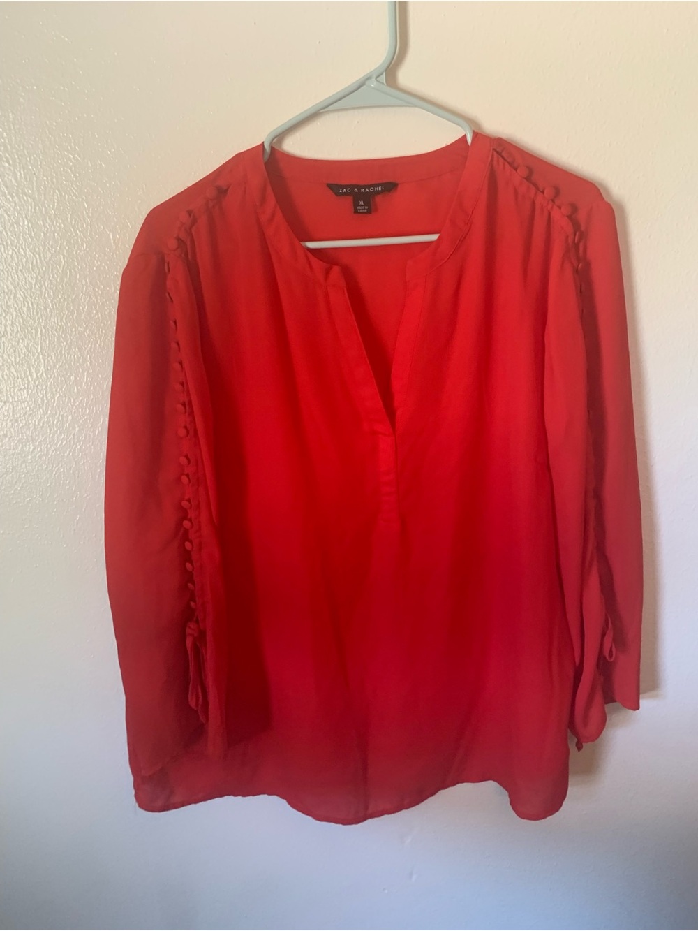 Zac & Rachel Red Split Neck Blouse XL Long Sleeve Button Detail